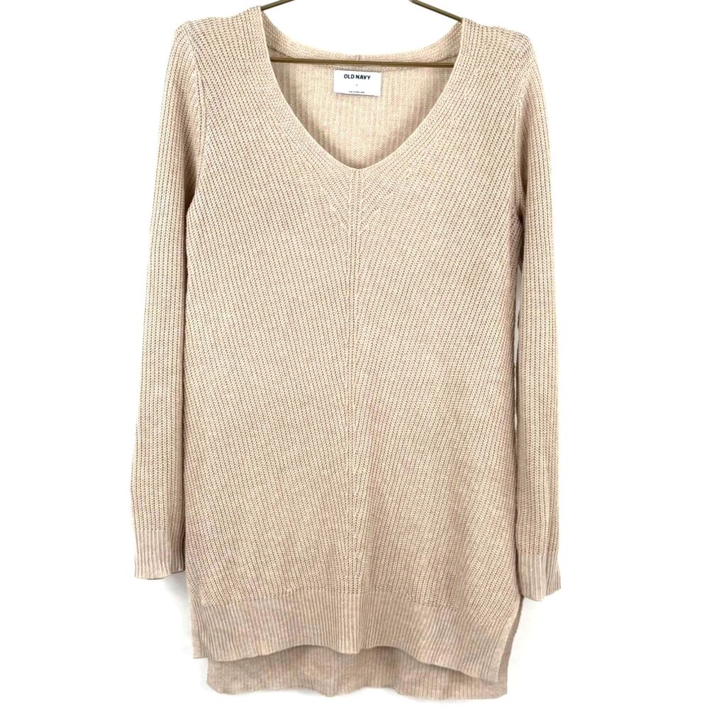 Old Navy Women's Beige Longline V Neck Tunic Sweater Side Slits Size Small